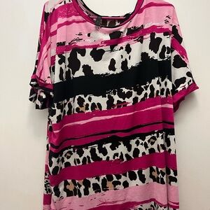 Women's Short Sleeve Pink & Black Animal-Print Stripe Tee